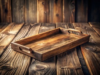 Fototapeta premium Grunge Wooden Tray Resting on Rustic Weathered Board with Soft Natural Light and High Depth of Field for a Cozy Home Decor Scene