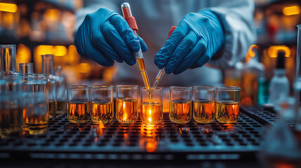 A scientist carefully transfers liquid between test tubes under warm, glowing laboratory lights, symbolizing precision, innovation, and scientific inquiry in a controlled experimental setting.