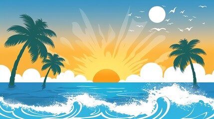 Obraz premium A tropical sunset with palm trees and ocean waves.