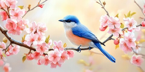 Fototapeta premium Vibrant spring branch adorned with pink blossoms and a blue bird perched gracefully among the delicate flowers