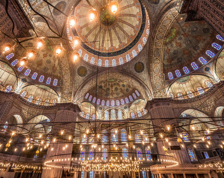 Blue Mosque electric lights, Istanbul, Turkey. Blue Mosque or Sultan Ahmed Mosque built in 1616 by Ottoman Turks.