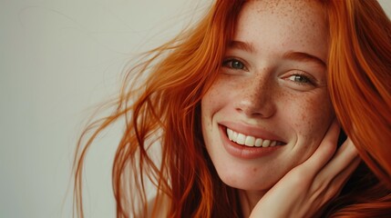 Fototapeta premium Close-up of a joyful redheaded woman with freckles smiling, touching her face, expressing happiness
