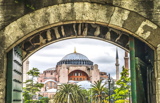 Hagia Sophia arch, Istanbul, Turkey. Emperor Justinian built Constantinople cathedra in 537 AD. In 1453 Ottoman Turks converted to mosque. 1935 a museum and 2020 mosque again.