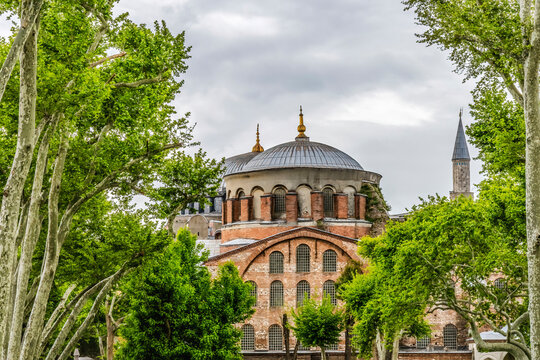 Hagia Sophia, Istanbul, Turkey. Emperor Justinian built cathedral of Constantinople in 537 AD. In 1453 Ottoman Turks converted to mosque. 1935 a museum and 2020 mosque again.