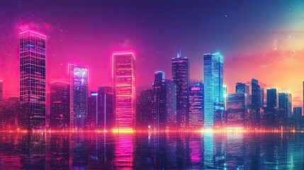 Neon-lit cityscape reflecting on a water surface with a starry sky background