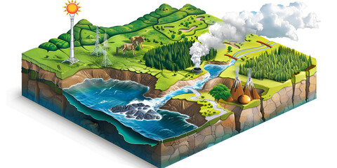 Ecosystem Illustration with Sustainable Energy Resources, Depicting Renewable and Environmental Conservation