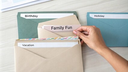 A closeup of a hand placing a bill in an envelope labeled Family Fun stacked ast other envelopes for different occasions.