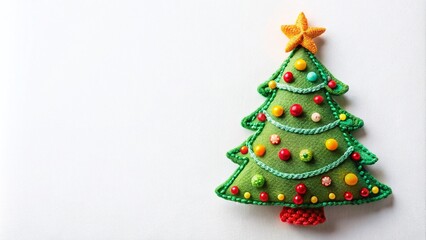 Handmade Christmas Embroidered Decorations - Soft Toy Christmas Tree on White Background with Copy Space for Holiday Greetings and Festive Decor Ideas