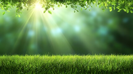 Naklejka premium Serene sunlight filters through vibrant green grass creating a calm outdoor atmosphere