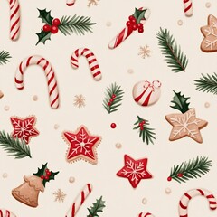 Festive Christmas pattern with candy canes, gingerbread cookies, holly, and snowflakes.