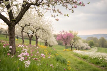 Naklejka premium Soft focus landscape with blurred trees and flowers in a serene spring background, nature, foliage, soft focus, calm