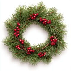 Festive Christmas wreath with pine and red berries on white background.