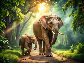 Fototapeta premium Heartwarming Scene of a Playful Elephant Calf Walking with Its Mother, Showcasing Their Unique Bond in a Natural Habitat Filled with Lush Greenery and Sunlit Backgrounds