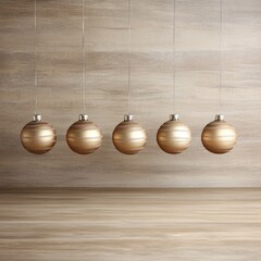 Five gold Christmas ornaments hang against a wood background.