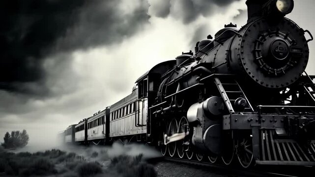 Old steam engine train departs from railway station. Vintage locomotive with carriages run on the track in countryside. Retro transport and steampunk concept 