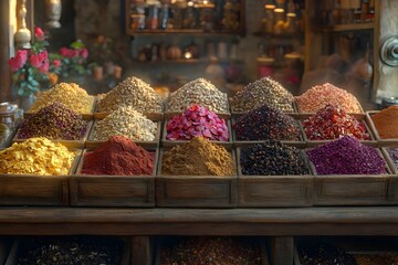 A vibrant display of colorful spices in wooden bins at a market. Warm lighting and rich textures create a sensory experience.