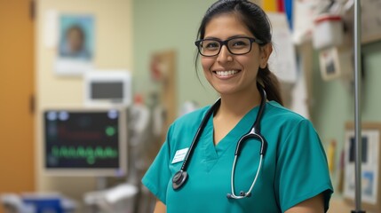 Cheerful female doctor in scrubs smiles warmly in a hospital setting, promoting a positive healthcare environment