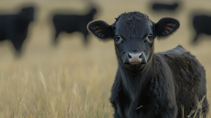 A black calf stands in a field of dry grass, looking directly at the camera with large, curious eyes. Several other cattle are blurred in the background.