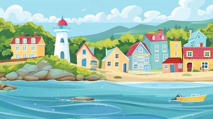 Fototapeta premium A cartoon illustration of a seaside town with colorful houses, a lighthouse, and a boat on the water.