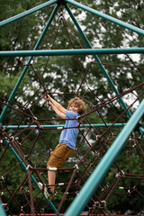Active little kid on playground. The outdoor playground for children in summer park. Kid play on playground under the tree. Portrait of cute blonde kid doing rock climbing with greenery in the