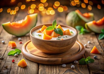 Homemade Milk Yogurt with Fresh Ripe Melon Pieces Surrounded by a Dreamy Bokeh Effect, Capturing the Essence of Healthy Eating and Culinary Delight
