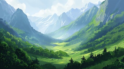 Fototapeta premium A digital art illustration of a beautiful, green mountain valley with a blue sky and white clouds.