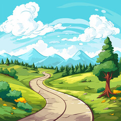 Fototapeta premium Scenic Road with Beautiful Landscape Illustration
