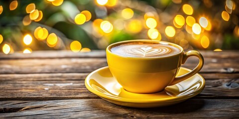 Obraz premium Hot Latte Coffee in a Yellow Cup on Rustic Wooden Background with Bokeh Effect for Cozy Atmosphere and Inviting Coffee Shop Vibe