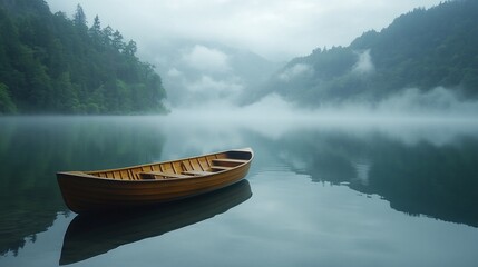 Peaceful Mountain Landscape with Wooden Boat Docked on Calm Water