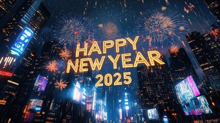 Fireworks Script Cityscape Greeting 2025, Golden New Year Message Over Urban Night Sky
