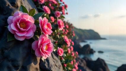Serene Camellia Blooms on Basalt Wall
