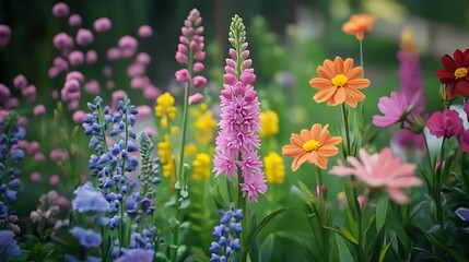 Colorful flowers blooming in the garden at sunset time.