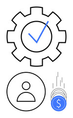 Gear with a checkmark, person icon, and falling dollar coins. Ideal for business, productivity, finance efficiency success user roles startups. Line metaphor. Line metaphor. Simple line icons