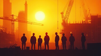 Silhouettes of Construction Workers at Sunset
