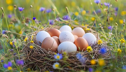 Fototapeta premium eggs arranged in a nest with wildflowers