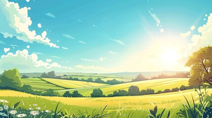 Obraz premium A cartoon illustration of a sunny, green, rolling landscape.