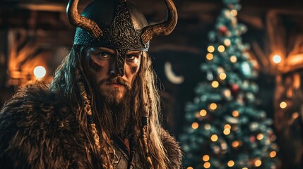 Viking warrior wearing antler crown against  against blurred decorated Christmas tree. Historical Nordic culture. Halloween, Yule, pagan New Year. Brutal bearded man in costume on masquerade party