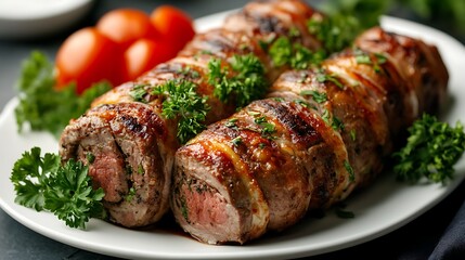 Baked bacon wrapped pork with tomato and herbs on a plate.