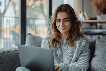 Young Woman Working on Laptop at Home Smiling