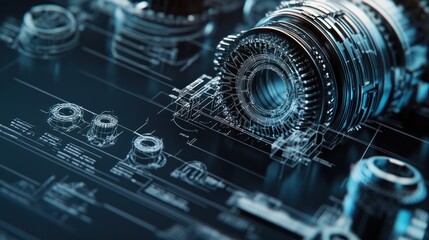 A detailed blueprint of a mechanical component with intricate designs and technical elements.