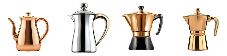 Fototapeta premium A collection of four stylish coffee makers featuring different finishes, showcasing elegance and functionality in beverage preparation.