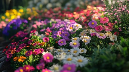 Obraz premium Colorful flowers blooming in the garden at sunset time.