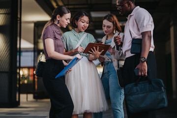 A group of international business professionals engaged in a discussion on the street. They are reviewing documents and using technology in an urban city environment.