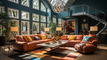 A luxurious living room with a long orange sofa, with  hardwood floors, with walls feature minimalist art and large windows