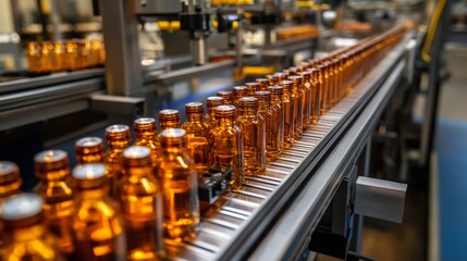 Fototapeta premium Medical vials on the production line in a pharmaceutical factory during a health crisis