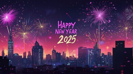 Nighttime City Skyline with Fireworks and New Year's Greeting, Colorful Celebratory Illustration of Skyscraper