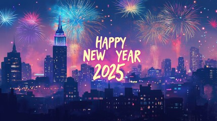 Nighttime City Skyline with Fireworks and New Year's Greeting, Colorful Celebratory Illustration of Skyscraper