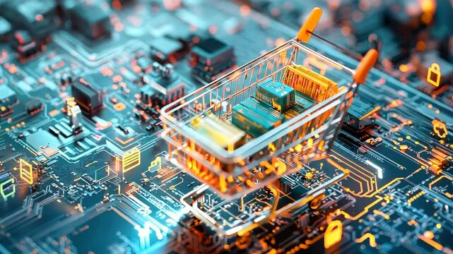 Digital Shopping Cart on Circuit Board New Era in E Commerce Technology and Online Shopping