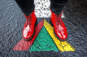 woman in red boots on asphalt road with Grenada flag colors