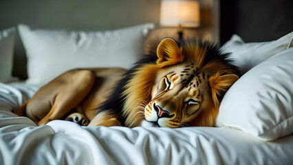 Lion Sleeping Comfortably on a Plush Bed